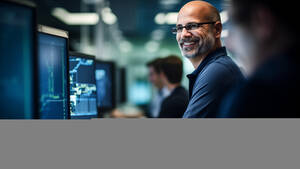 man smiles while looking at his computer screen
